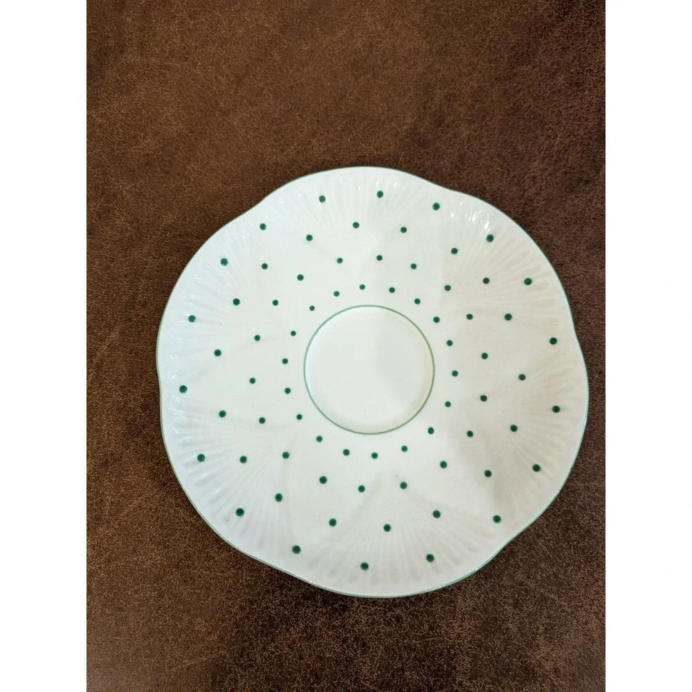 Shelley England Dainty Green Polka Dot Teacup and Saucer Fine Bone China 13748